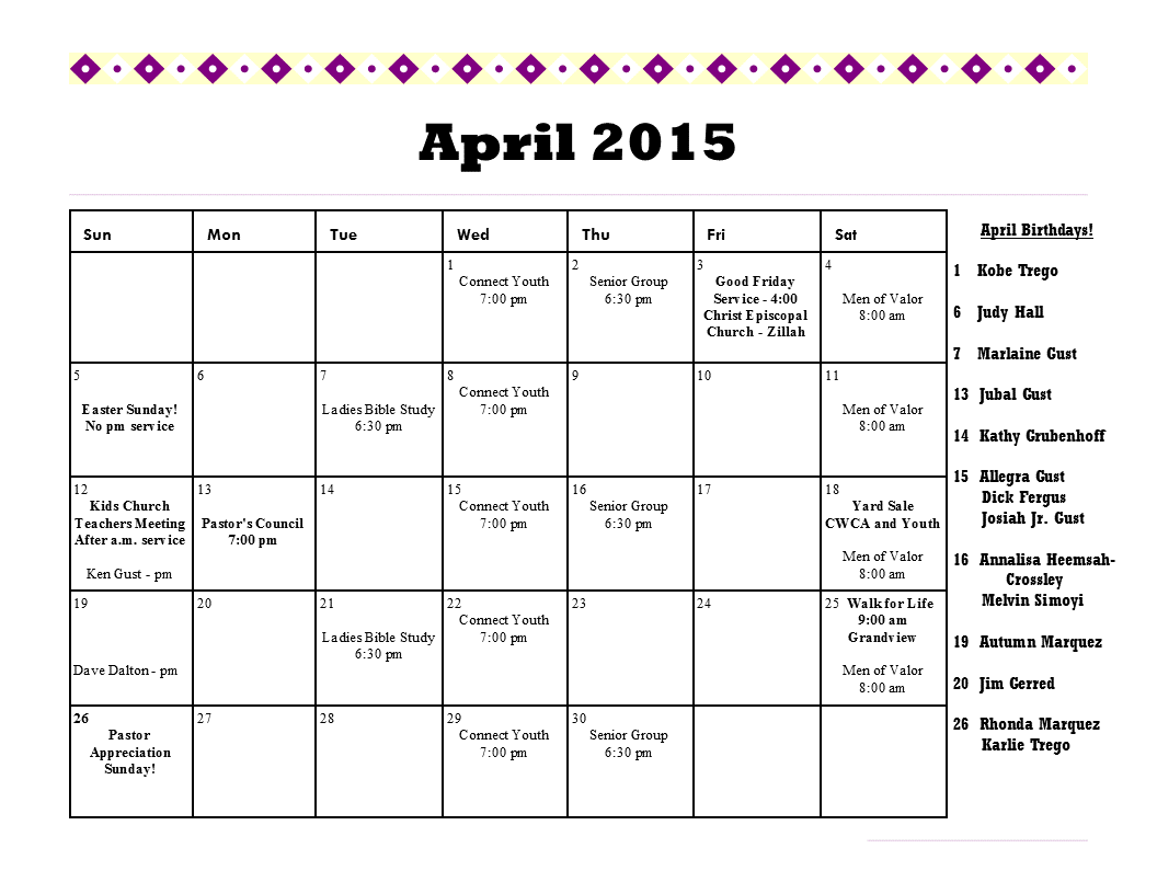 Christian Worship Center Calendar